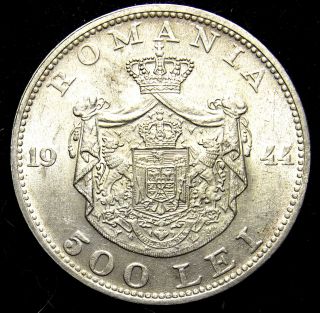 Silver 1944 Romania Silver Coin 500 Lei Mihai I Km 65 Large 32mm 1 Year Type photo