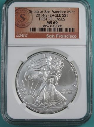 2014 (s) Silver Eagle Ngc Ms69 Struck At San Francisco First Releases Label photo
