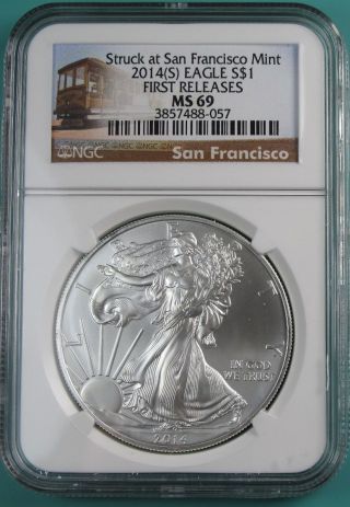 2014 (s) Ngc Ms69 Silver Eagle Struck At San Francisco First Releases Trolley photo