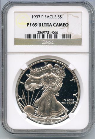 1997 - P Ngc Pf 69 Ultra Cameo American Eagle Silver Proof Dollar - S1s Kr998 photo