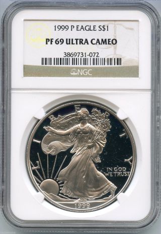 1999 - P Ngc Pf 69 Ultra Cameo American Eagle Silver Proof Dollar - S1s Kr999 photo