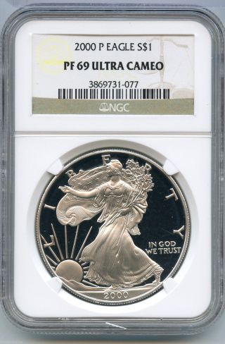 2000 - P Ngc Pf 69 Ultra Cameo American Eagle Silver Proof Dollar - S1s Ks02 photo