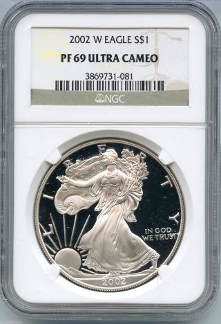 2002 - W Ngc Pf 69 Ultra Cameo American Eagle Silver Proof Dollar - S1s Ks04 photo