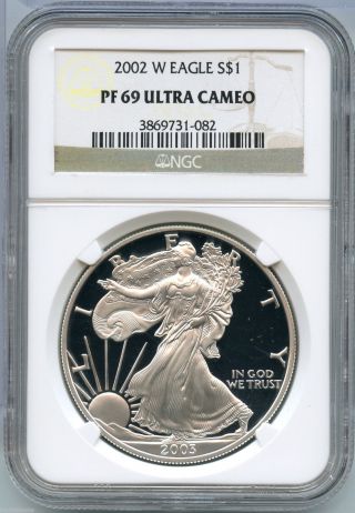2002 - W Ngc Pf 69 Ultra Cameo American Eagle Silver Proof Dollar - S1s Ks05 photo