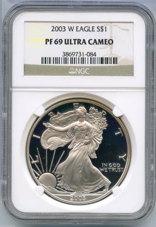 2003 - W Ngc Pf 69 Ultra Cameo American Eagle Silver Proof Dollar - S1s Ks06 photo
