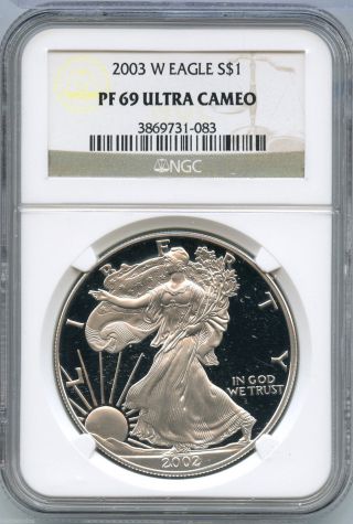 2003 - W Ngc Pf 69 Ultra Cameo American Eagle Silver Proof Dollar - S1s Ks07 photo