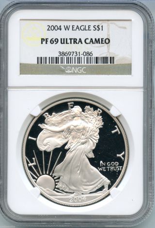 2004 - W Ngc Pf 69 Ultra Cameo American Eagle Silver Proof Dollar - S1s Ks08 photo