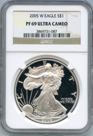 2005 - W Ngc Pf 69 Ultra Cameo American Eagle Silver Proof Dollar - S1s Ks09 photo
