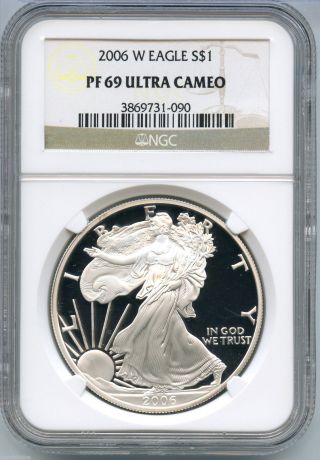 2006 - W Ngc Pf 69 Ultra Cameo American Eagle Silver Proof Dollar - S1s Ks11 photo