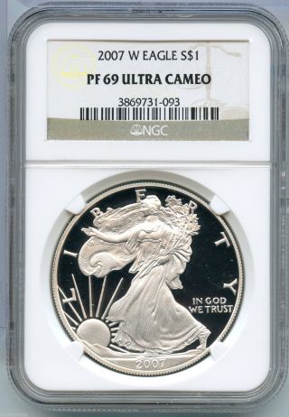 2007 - W Ngc Pf 69 Ultra Cameo American Eagle Silver Proof Dollar - S1s Ks12 photo