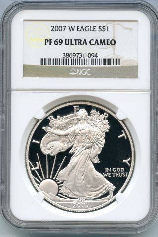 2007 - W Ngc Pf 69 Ultra Cameo American Eagle Silver Proof Dollar - S1s Ks13 photo