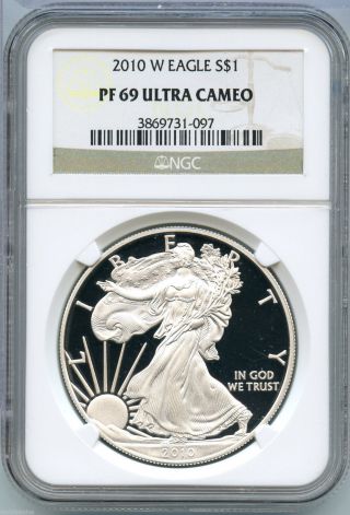 2010 - W Ngc Pf 69 Ultra Cameo American Eagle Silver Proof Dollar - S1s Ks15 photo