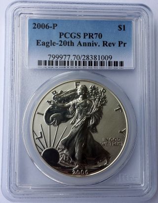 2006 Silver Eagle $1 Ounce Pf70 Pr70 20th Anniversary Reverse Proof Coin - Sr175 photo