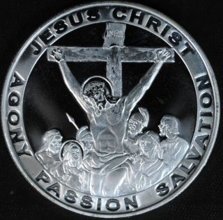 Jesus Christ One Troy Ounce.  999 Fine Silver Art Round 1 Oz Cross Agony Passion photo