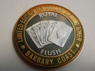 Proof.  999 Silver $10.  00 Gaming Token - Limited Edition - Royal Flush - Barbary Coast photo