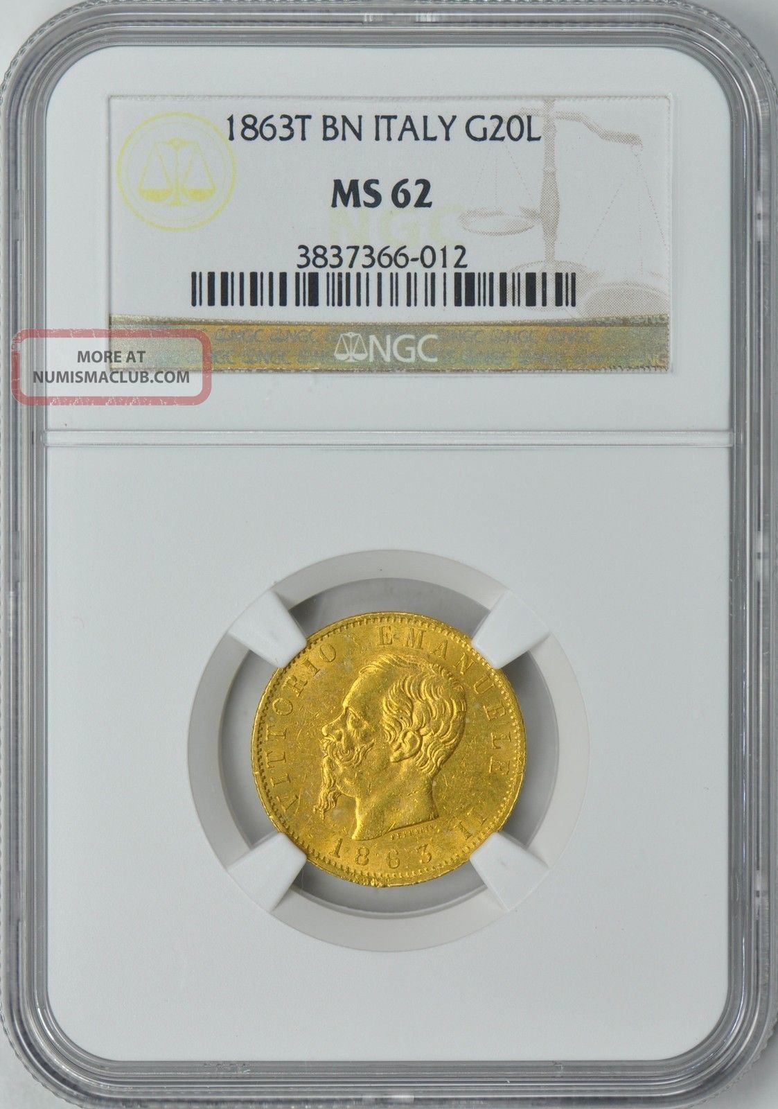 Italy 1863 - T Gold 20 Lire Ngc Ms - 62 (0. 1867 Oz. Gold)