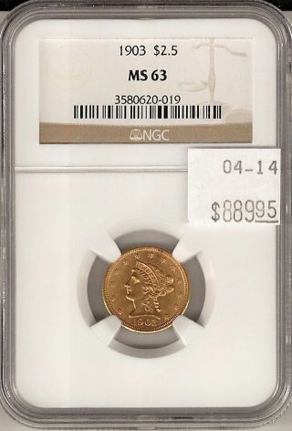 1903 $2.  5 Gold Piece Ms 63 Ngc Certified photo