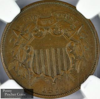 1864 Large Motto 2 Cents Ngc Ms - 63 Bn Uncirculated Brown Type Coin photo