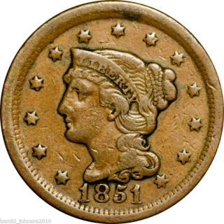 1851 1c Braided Hair Large Cent F+ - Vf Rev Rim Issues photo