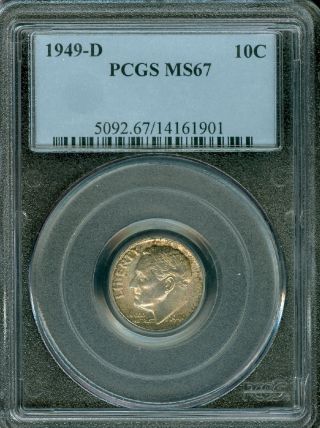 1949 - D Roosevelt Dime Pcgs Ms67 Pq Toned 2nd Finest Registry Toned photo