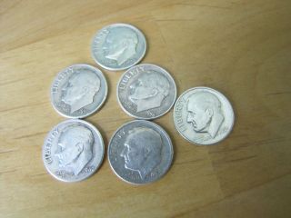 Six Silver Roosevelt Silver Dimes 1952,  1950 - D,  1954 - D,  1950,  1956 - D,  & 1946 photo