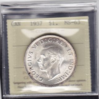 1937 Canada George Vi Silver Dollar Rare In Iccs Ms - 63 Double  Hp photo