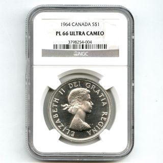 1964 Ngc Pl66 Ultra Cameo Canada $1 Silver Dollar Proof Like photo
