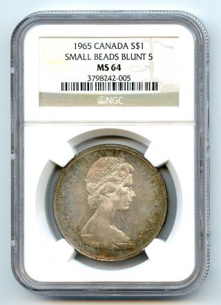 1965 Ngc Ms64 Canada $1 Silver Dollar Small Beads Blunt 5 Type 2 photo