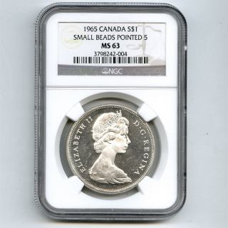 1965 Ngc Ms63 Canada $1 Silver Dollar Small Beads Pointed 5 Type 1 photo