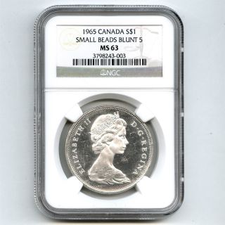 1965 Ngc Ms63 Canada $1 Silver Dollar Small Beads Blunt 5 Type 2 photo
