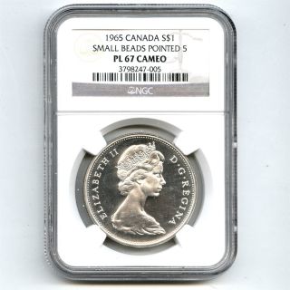 1965 Ngc Pl 67 Cameo Canada $1 Silver Dollar Small Beads Pointed 5 Type 1 photo