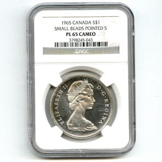 1965 Ngc Pl65 Cameo Canada $1 Silver Dollar Small Beads Pointed 5 Type 1 photo