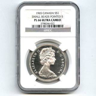 1965 Ngc Pl66 Ultra Cameo Canada $1 Silver Dollar Small Beads Pointed 5 Type 1 photo