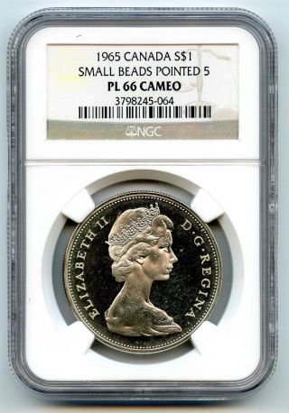 1965 Ngc Pl66 Cameo Canada $1 Silver Dollar Small Beads Pointed 5 Type 1 photo