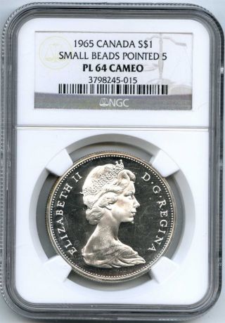 1965 Ngc Pl64 Cameo Canada $1 Silver Dollar Small Beads Pointed 5 Type 1 photo