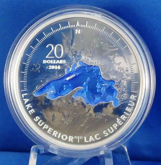 Canada 2014 Lake Superior 1 Oz.  Pure Silver $20 Proof Enameled - Mintage: 10,  000 photo