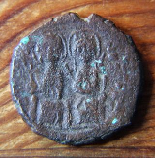 565 - 578ad Justin Ii & Sophia Ae Follis: (scarce: Christogram Above M On Reverse) photo
