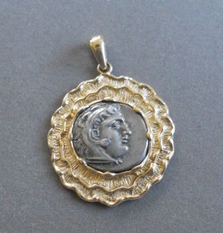14k Gold Pendant Auth Alexander The Great Ancient Greek Silver Coin Drachm photo