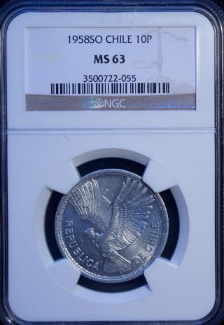 1958 So Chile 10 Pesos Ngc Ms 63 Unc Aluminum photo