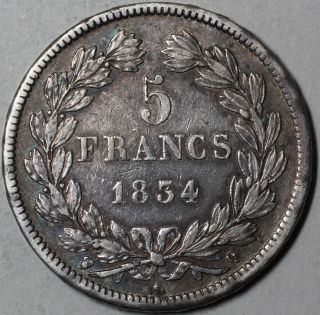 1834 - Q Scarce Perpignan Louis Philippe I Silver 5 Francs (inice Grade Coin) photo