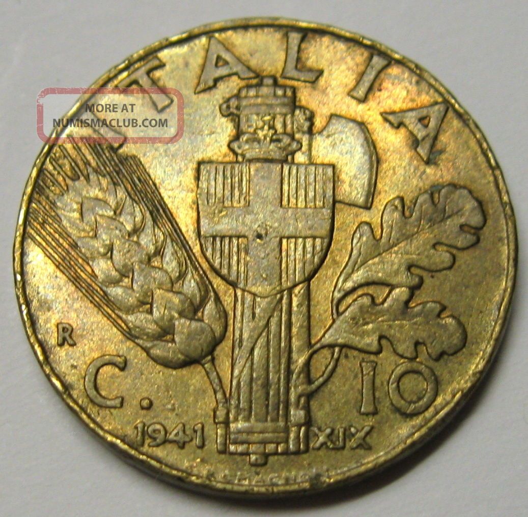 Italy 10 Centesimi 1941 R Xix Coin Km 74a (1) Italy 10 Centesimi 1941 R Xix Coin Km 74a (1)