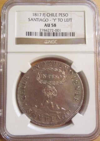 Peso Silver Chile 1817 So - Fj Ngc Au - 58 Extremely Rare Km 82.  2 photo