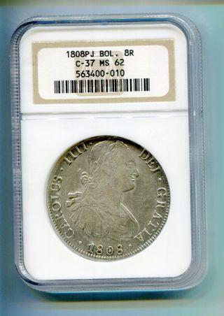 1808 Pj Bolivia 8 Reales Silver Ngc Ms 62 photo