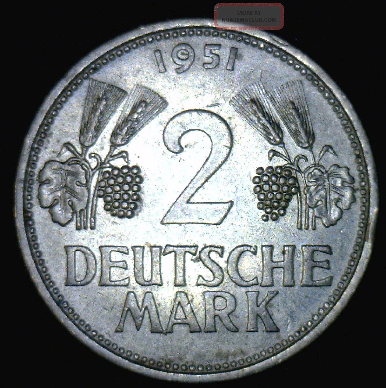 Germany 2 Mark 1951 F Copper Nickel Au To Bu 1951 2 German Mark Coin