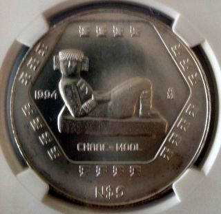 Mexico 5 Pesos 1994 Ngc Ms 65 Silver 1 Oz Mexico City Chaac - Mool photo