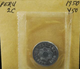 Peru 1950 Bu Brilliant Uncirculated 2 Dos Centavos Coin photo