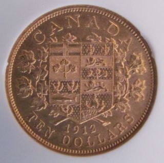 1912 Ngc Ms - 61 Canada $10 Gold Coin; 0.  4838ozt Agw; Rare photo
