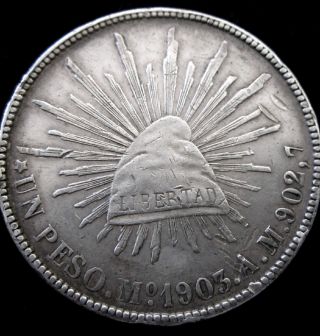 1 Un Peso Libertad Radiant Cap Mexico 1903 A.  M. .  902.  7 Silver Coin photo