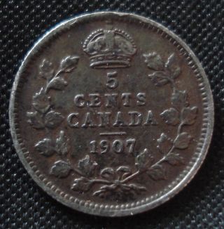 Canada 1907 Silver 5 Cents Clear Detail Toned Coin photo