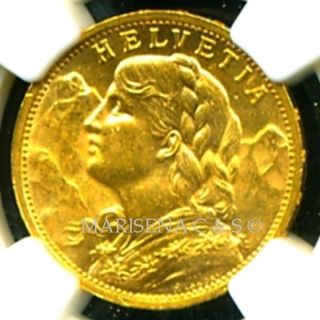 1898 B Switzerland Gold Coin 20 Francs Ngc Cert Ms 63 Brilliant Scarce photo